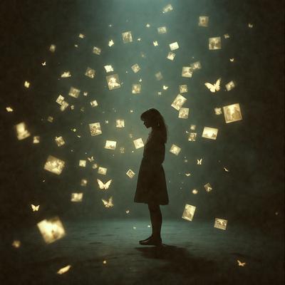 The primary subject of the image is a woman standing in a dark room, surrounded by a large number of butterfly images. The setting appears to be a black and white photo, creating a dramatic and artistic atmosphere. The visual style suggests that the image is a combination of photography and digital art, with the butterfly images being digitally created or manipulated. The overall mood of the image is mysterious and captivating, as the woman stands in the midst of the butterfly-filled space.